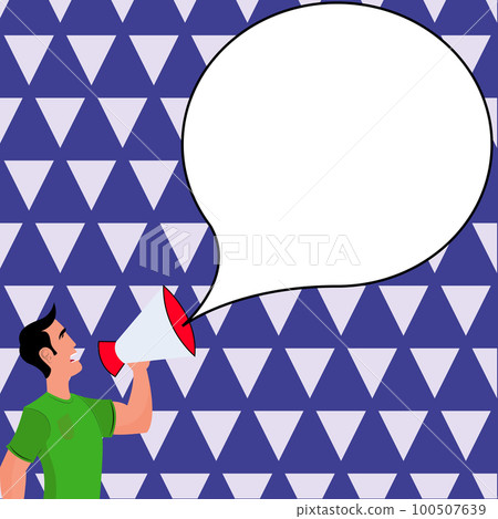 Man holding megaphone in hand and presenting important information. Big white dialog box with main message on bright background. Color vector illustration. Man holding megaphone in hand and presenting important information. Big white dialog box with main message on bright background. Color vector illustration. 100507639