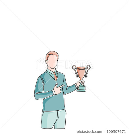 Man Holding Winner cup on blank background. Smiling guy celebrating winning a contest with a trophy in hands. 100507671
