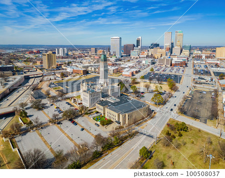 Aerial view of the Boston Avenue United Methodist Church and Tulsa cityscape Aerial view of the Boston Avenue United Methodist Church and Tulsa cityscape 100508037