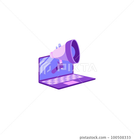 Hand Holding A Megaphone From The Laptop Screen. Horn Speaker Announces Important News And Alerts On Blank Background Of Paper Sheet. Space For Text Hand Holding A Megaphone From The Laptop Screen. Horn Speaker Announces Important News And Alerts On Blank Background Of Paper Sheet. Space For Text 100508333