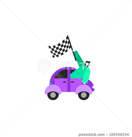 Businessman Waving Banner From Vehicle Racing Towards Successful Future Advancements. Human Reaching Out Car Using Flag Representing Start Newest Journey Goals. 100508334