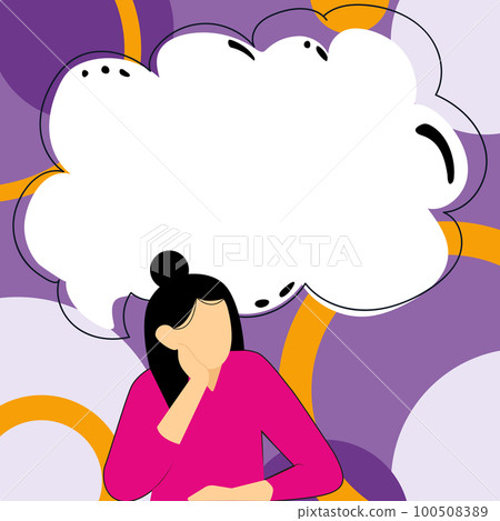Bright color vector illustration. Girl sitting at the table and thinking about current news. Big white speech bubble presenting important information. 100508389