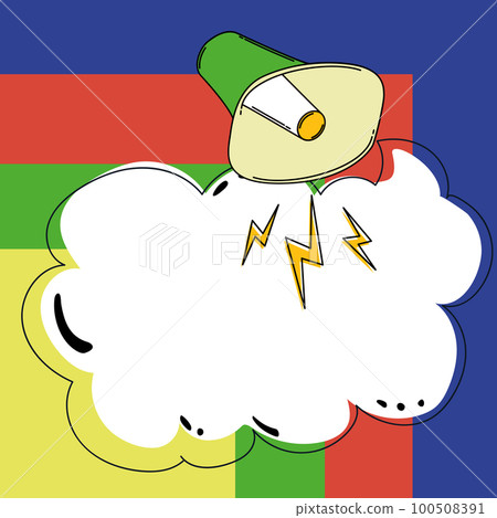 Megaphone presenting important information and brand new agenda. Big white speech bubble for text on bright colored background. Vector drawing illustration. 100508391