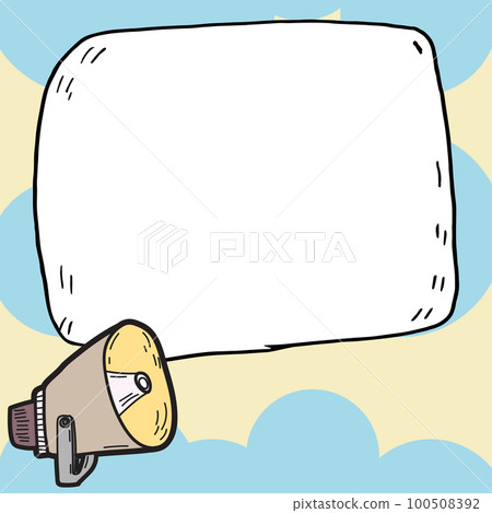 Megaphone presenting important information and brand new agenda. Big white speech bubble for text on bright colored background. Vector drawing illustration. 100508392