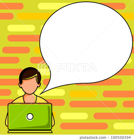 Man sitting at the table with laptop. Big white speech bubble for text overhead. Empty Dialog box on bright colored background. Vector drawing illustration. 100508394