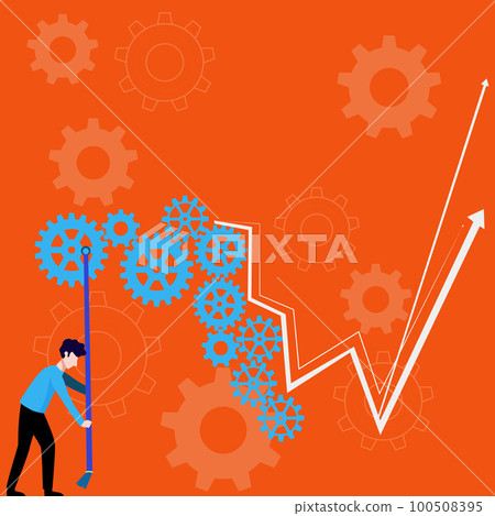 A young guy starts a mechanism with gears. Bright color illustration with empty space for text or advertising. Presenting Newly Discovered Thoughts And Idea. 100508395