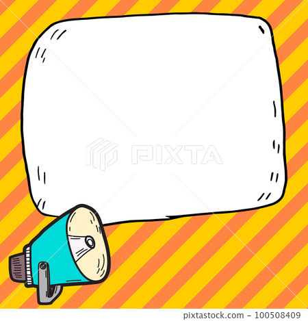 Megaphone presenting important information and brand new agenda. Big white speech bubble for text on bright colored background. Vector drawing illustration. 100508409