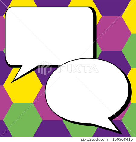 Two big white empty speech bubbles for text. Square and oval dialog boxes on bright colored background. Comic funny style cartoon. Vector illustration. 100508410