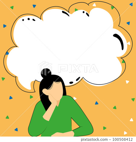 Bright color vector illustration. Girl sitting at the table and thinking about current news. Big white speech bubble presenting important information. 100508412