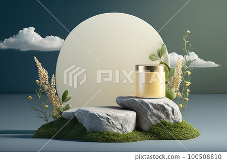 Natural podium backdrop for product display with sky background. Illustration AI Generative 100508810