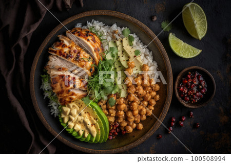 Grilled chicken rice spicy chickpeas avocado cabbage. Illustration AI Generative 100508994