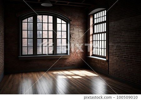 An empty room with a large loft-style window. Illustration AI Generative 100509010