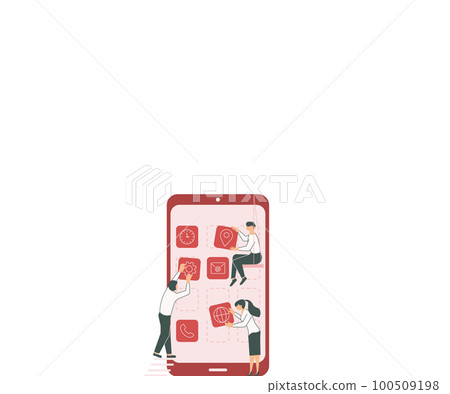 Person holding mobile phone. Important message on the screen. Cellphone with applications in hand. Finger pressing button. Bright color vector image. Single object. 100509198