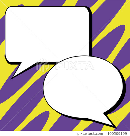 Two big white empty speech bubbles for text. Square and oval dialog boxes on bright colored background. Comic funny style cartoon. Vector illustration. 100509199