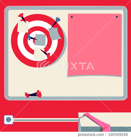 Vector illustration with school whiteboard. Papers contain brand new important information and agenda. Bright colored background. Dartboard hanging on the wall. 100509200