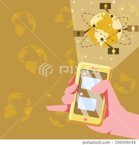 Hand holding mobile phone with messages on the screen. Brihgt vector illustration with many planets. Image contiains important information. Current news. Hand holding mobile phone with messages on the screen. Brihgt vector illustration with many planets. Image contiains important information. Current news. 100509248