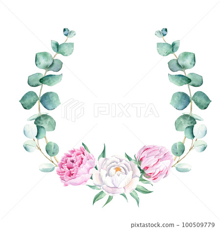 Watercolor peonies and eucalyptus branches wreath isolated on white background. Hand drawn botanical illustration. For wedding invitations, save the date, greeting card, logos, prints. 100509779