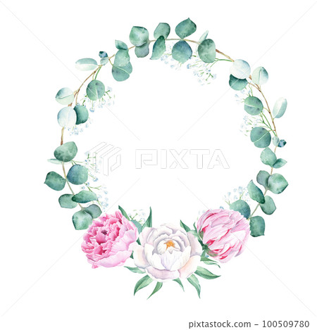 Watercolor peonies, eucalyptus and gypsophila branches wreath, round frame isolated on white background. Hand drawn botanical illustration. For wedding invitations, save the date, greeting card, logos 100509780