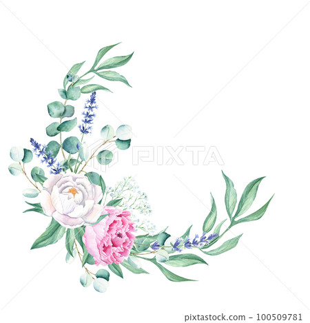 Watercolor peonies, eucalyptus, lavender and gypsophila branches wreath isolated on white background. Hand drawn botanical illustration. For wedding invitations, save the date, greeting card, logos 100509781