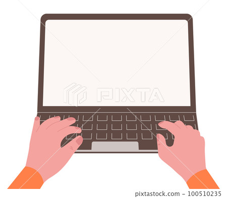 Laptop with important information on the screen. Man typing main message. People whatching on monitor. Single bright colored object on white background. 100510235