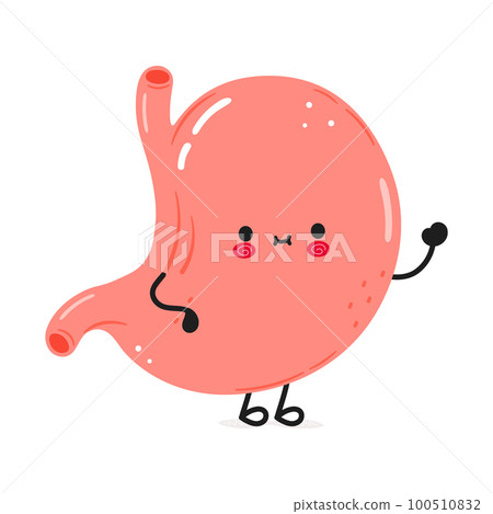 Cute funny stomach waving hand character. Vector hand drawn cartoon kawaii character illustration icon. Isolated on white background. Stomach character concept 100510832