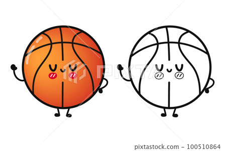 Funny cute happy basketball characters bundle set. Vector hand drawn cartoon kawaii character illustration icon. Cute Basketball ball. Outline cartoon illustration for coloring book 100510864