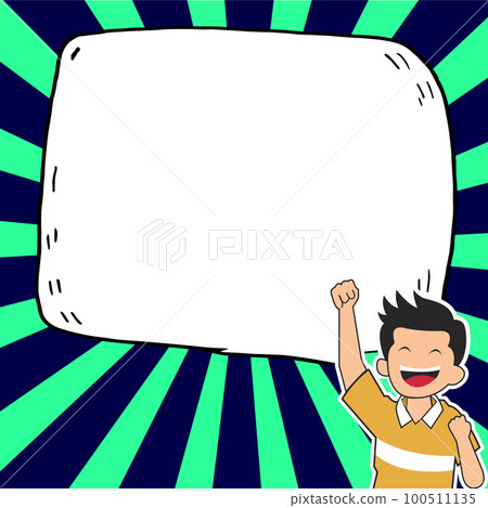 Young happy boy presenting important information and brand new agenda. Big white speech bubble for text on bright colored background. Vector drawing illustration. Young happy boy presenting important information and brand new agenda. Big white speech bubble for text on bright colored background. Vector drawing illustration. 100511135