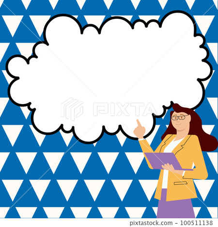 Woman in office uniform standing near school whiteboard presenting important information. Empty space for text. White speech bubble on bright colored background. Woman in office uniform standing near school whiteboard presenting important information. Empty space for text. White speech bubble on bright colored background. 100511138