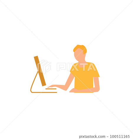 Laptop with important information on the screen. Man typing main message. People whatching on monitor. Single bright colored object on white background. 100511165