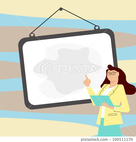 Woman in office uniform standing near school whiteboard presenting important information. Empty space for text. White speech bubble on bright colored background. 100511170