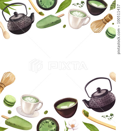 Watercolor frame with green tea matcha. Japanese tea ceremony hand-drawn illustration isolated on white background. Perfect food menu, concept for cafe, restaurant element, recipe book, cooking. Watercolor frame with green tea matcha. Japanese tea ceremony hand-drawn illustration isolated on white background. Perfect food menu, concept for cafe, restaurant element, recipe book, cooking. 100511437