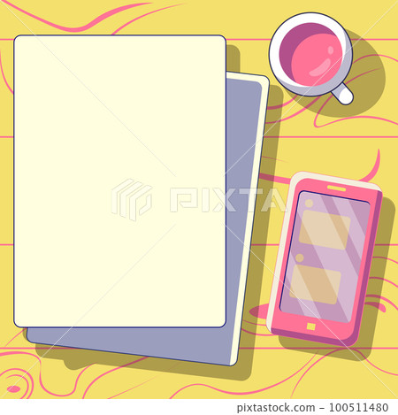 Mobile phone laying on table with messages on the screen. Bright vector illustration with notebook and coffee cup. Image contains important information. Current news. Mobile phone laying on table with messages on the screen. Bright vector illustration with notebook and coffee cup. Image contains important information. Current news. 100511480