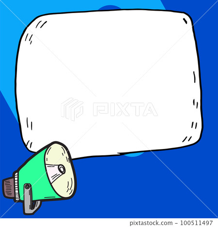 Megaphone presenting important information and brand new agenda. Big white speech bubble for text on bright colored background. Vector drawing illustration. Megaphone presenting important information and brand new agenda. Big white speech bubble for text on bright colored background. Vector drawing illustration. 100511497