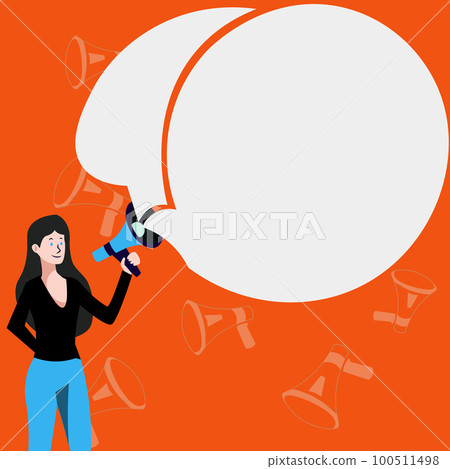 Lady In Uniform Standing Holding Megaphone Presenting Late Tech Knowledge. Business Woman Showing New Futuristic Technologies. Colored speech bubble with main message. Lady In Uniform Standing Holding Megaphone Presenting Late Tech Knowledge. Business Woman Showing New Futuristic Technologies. Colored speech bubble with main message. 100511498
