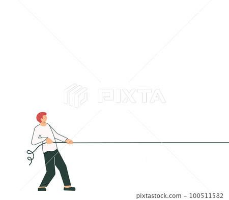 Man in white shirt pulling a long rope symbolizing help for others. Wire stretching communication link establishing. Man in white shirt pulling a long rope symbolizing help for others. Wire stretching communication link establishing. 100511582