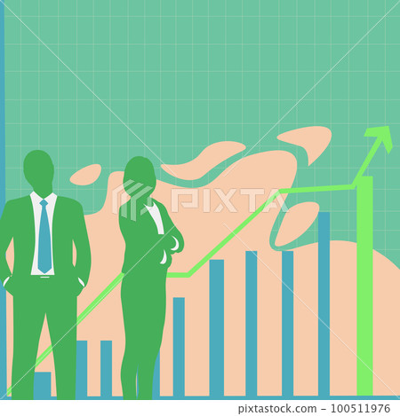 Businessman and Businesswoman standing near Graph Which Points On Arrow Up And Presenting Crutial Ideas. People watching on diagram, discussing important information. Businessman and Businesswoman standing near Graph Which Points On Arrow Up And Presenting Crutial Ideas. People watching on diagram, discussing important information. 100511976