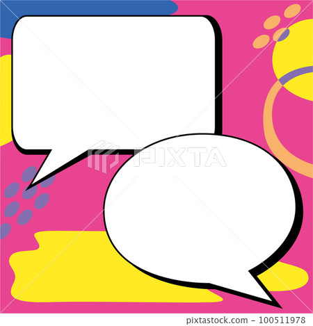 Two big white empty speech bubbles for text. Square and oval dialog boxes on bright colored background. Comic funny style cartoon. Vector illustration. Two big white empty speech bubbles for text. Square and oval dialog boxes on bright colored background. Comic funny style cartoon. Vector illustration. 100511978