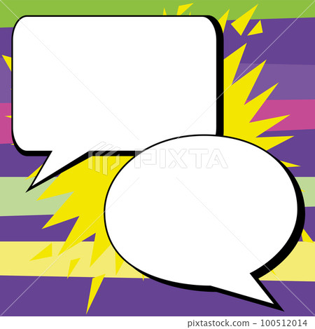 Two big white empty speech bubbles for text. Square and oval dialog boxes on bright colored background. Comic funny style cartoon. Vector illustration. 100512014