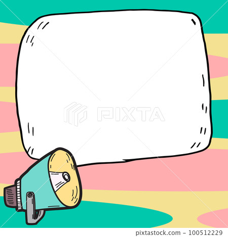 Megaphone presenting important information and brand new agenda. Big white speech bubble for text on bright colored background. Vector drawing illustration. 100512229