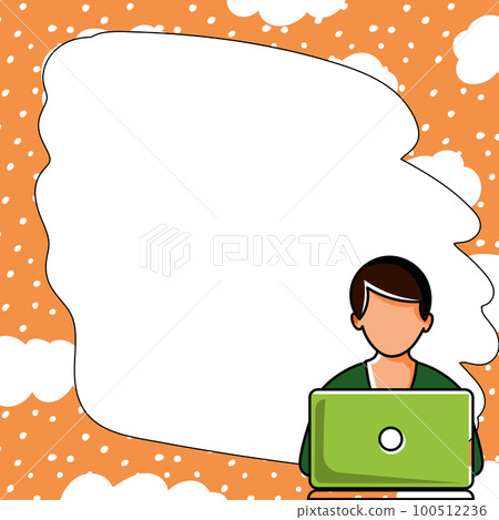 Man sitting at the table with laptop. Big white speech bubble for text overhead. Empty Dialog box on bright colored background. Vector drawing illustration. Man sitting at the table with laptop. Big white speech bubble for text overhead. Empty Dialog box on bright colored background. Vector drawing illustration. 100512236