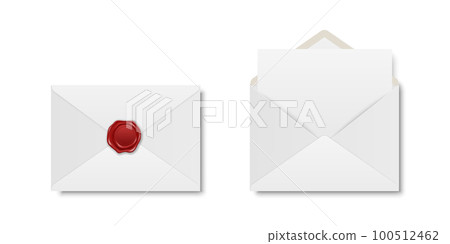 Vector Realistic White Closed Envelope with Red Wax Seal and Opened Envelope with Letter Inside. Folded and Unfolded White Envelope Icon Set Isolated. Message, Alert, Surprise, Secret Concept Vector Realistic White Closed Envelope with Red Wax Seal and Opened Envelope with Letter Inside. Folded and Unfolded White Envelope Icon Set Isolated. Message, Alert, Surprise, Secret Concept 100512462
