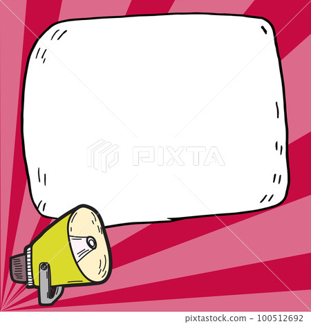 Megaphone presenting important information and brand new agenda. Big white speech bubble for text on bright colored background. Vector drawing illustration. Megaphone presenting important information and brand new agenda. Big white speech bubble for text on bright colored background. Vector drawing illustration. 100512692