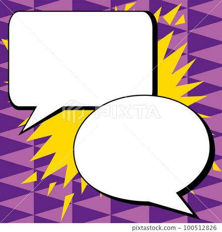 Two big white empty speech bubbles for text. Square and oval dialog boxes on bright colored background. Comic funny style cartoon. Vector illustration. 100512826