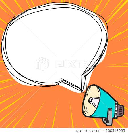 Megaphone presenting important information and brand new agenda. Big white speech bubble for text on bright colored background. Vector drawing illustration. Megaphone presenting important information and brand new agenda. Big white speech bubble for text on bright colored background. Vector drawing illustration. 100512965