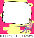 Man sitting at the table with laptop. Big white speech bubble for text overhead. Empty Dialog box on bright colored background. Vector drawing illustration. 100512969