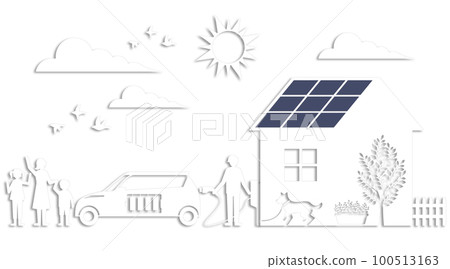 生態友好型生活方式的圖像，可以通過太陽能房屋和帶有電池圖標的汽車來實現 100513163