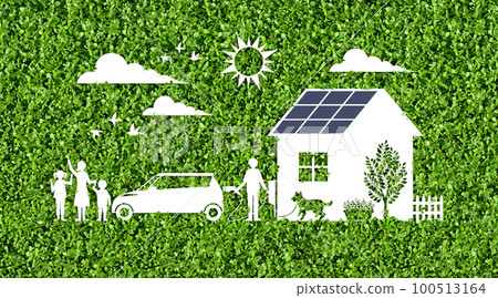 可以通過太陽能家庭和電動汽車實現的環保生活方式的形象 100513164