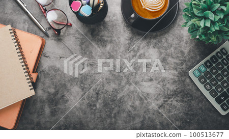 Modern office desk workplace with calculator, notebook, eyeglass, pen and cup of coffee, Top view flat lay with copy space. Modern office desk workplace with calculator, notebook, eyeglass, pen and cup of coffee, Top view flat lay with copy space. 100513677