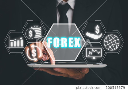 Forex trading, Person using tablet with Forex icon on VR screen on desk, Online investment. Business, internet and technology concept. Forex trading, Person using tablet with Forex icon on VR screen on desk, Online investment. Business, internet and technology concept. 100513679