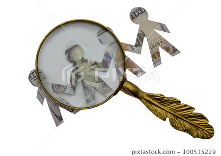Magnifying glass with a gold handle viewing paper doll bankers cut out of hundred dollar bills with linked hands. Isolated on white background, clipping path. High quality photo 100515229